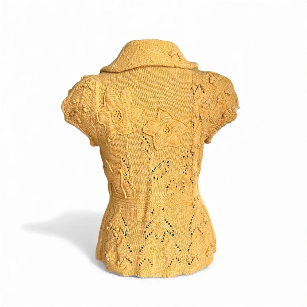 NWOT Anthropologie Mustard Knit Cardigan with Floral Accents - Picture 5 of 7